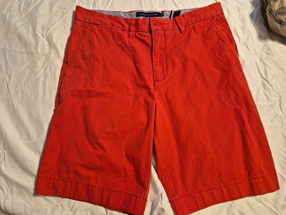 Tommy Hilfiger Classic Fit Orange Cotton Chino Shorts Flat Front Button Logo